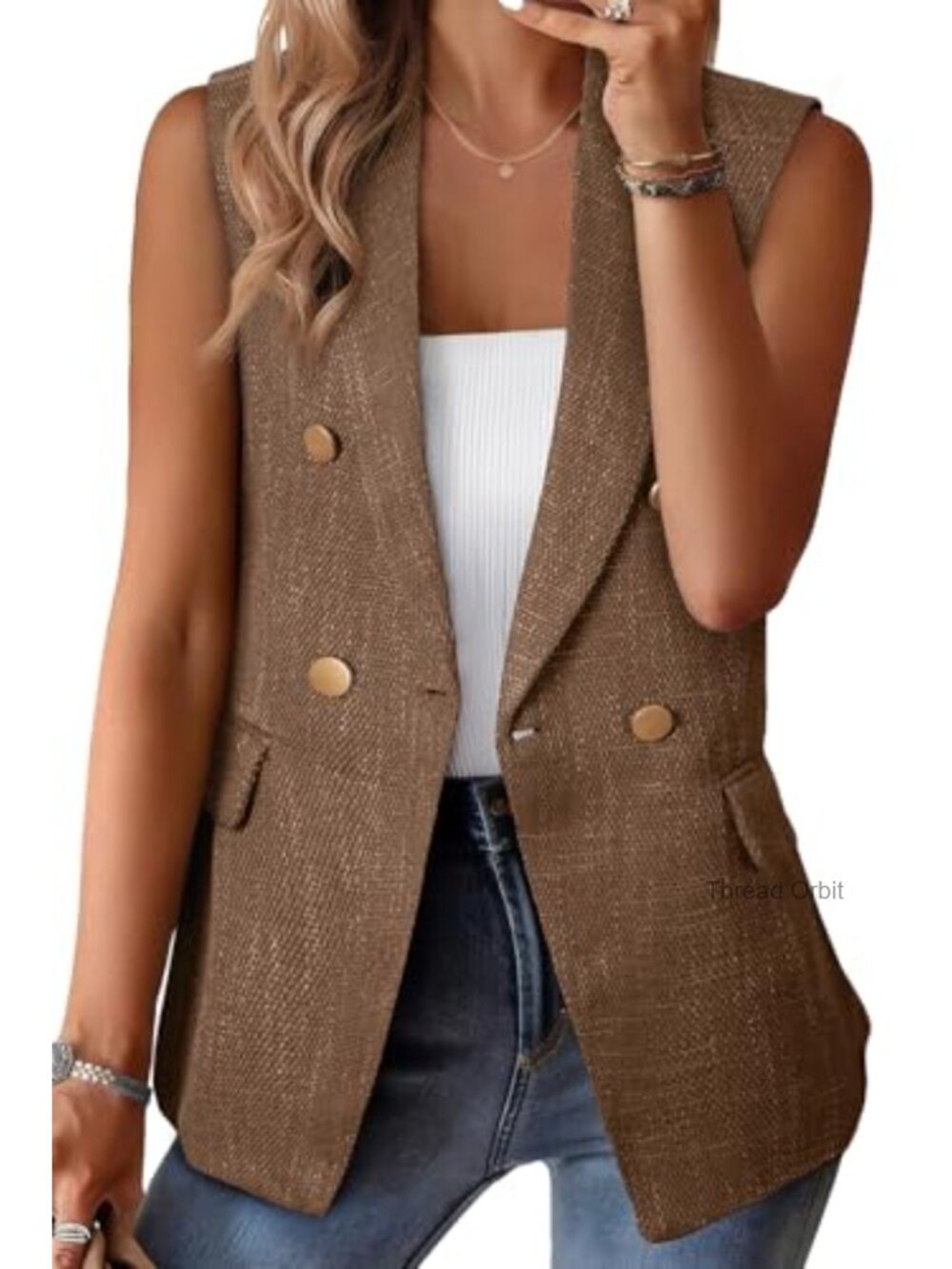 Sleeveless Tweed Blazer Vest Double Breasted Work Suit with Pockets